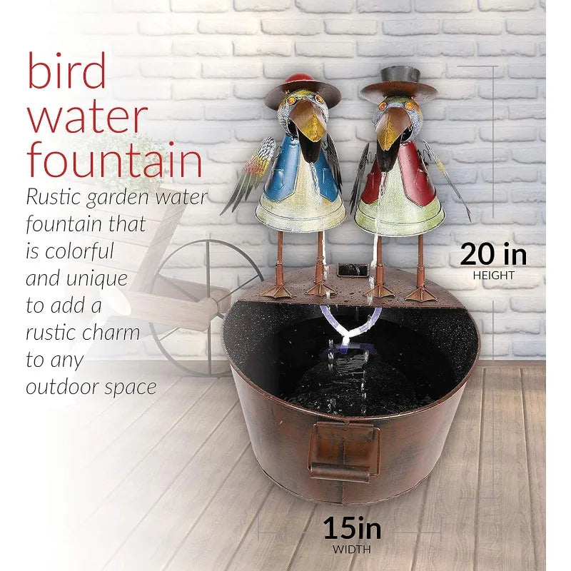 Outdoor Tabletop Vintage Rustic Metal Crow Waterfall Fountain, 20", Brown