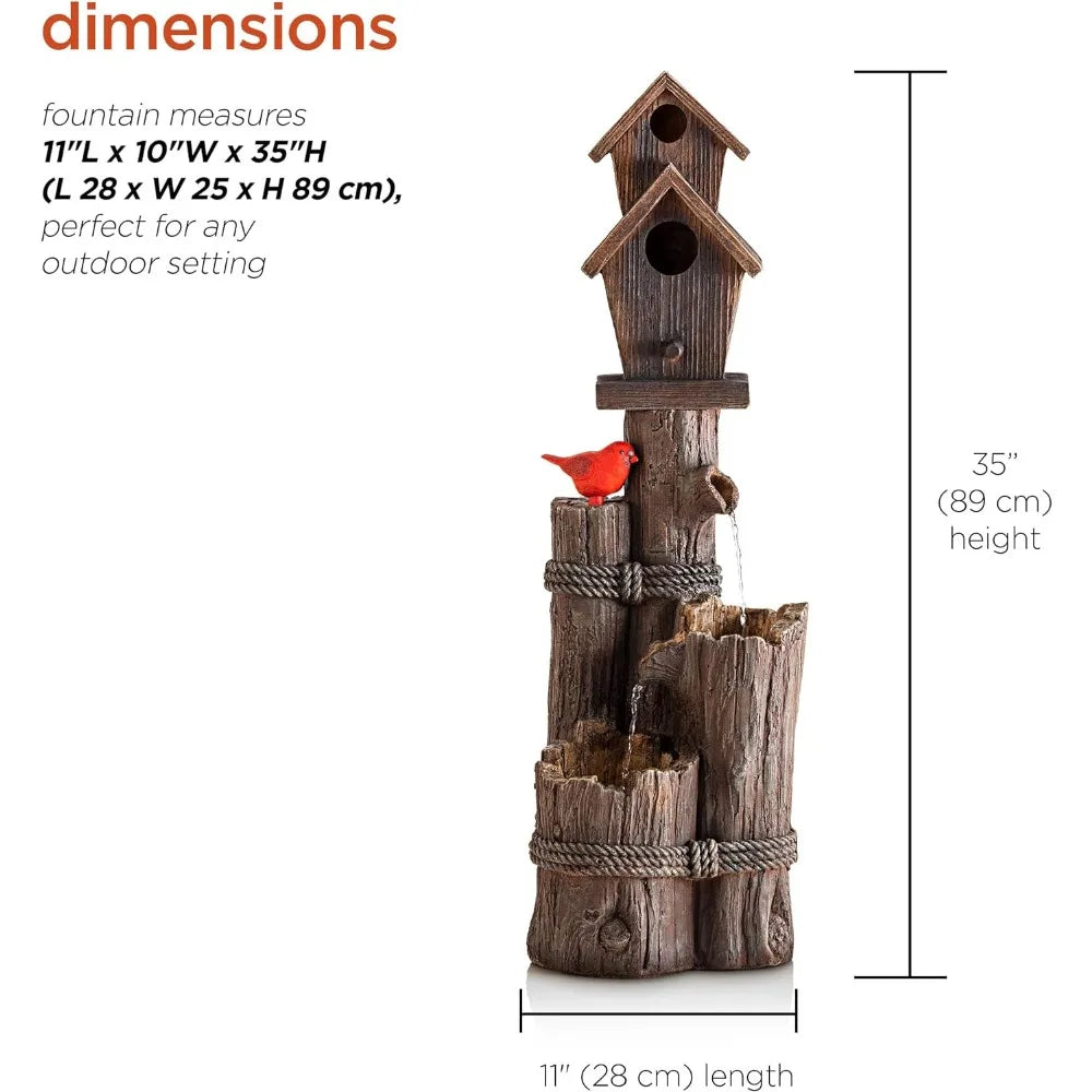 Outdoor, Birdhouse, 35" 3-Tiered Log and Branch Waterfall Fountain