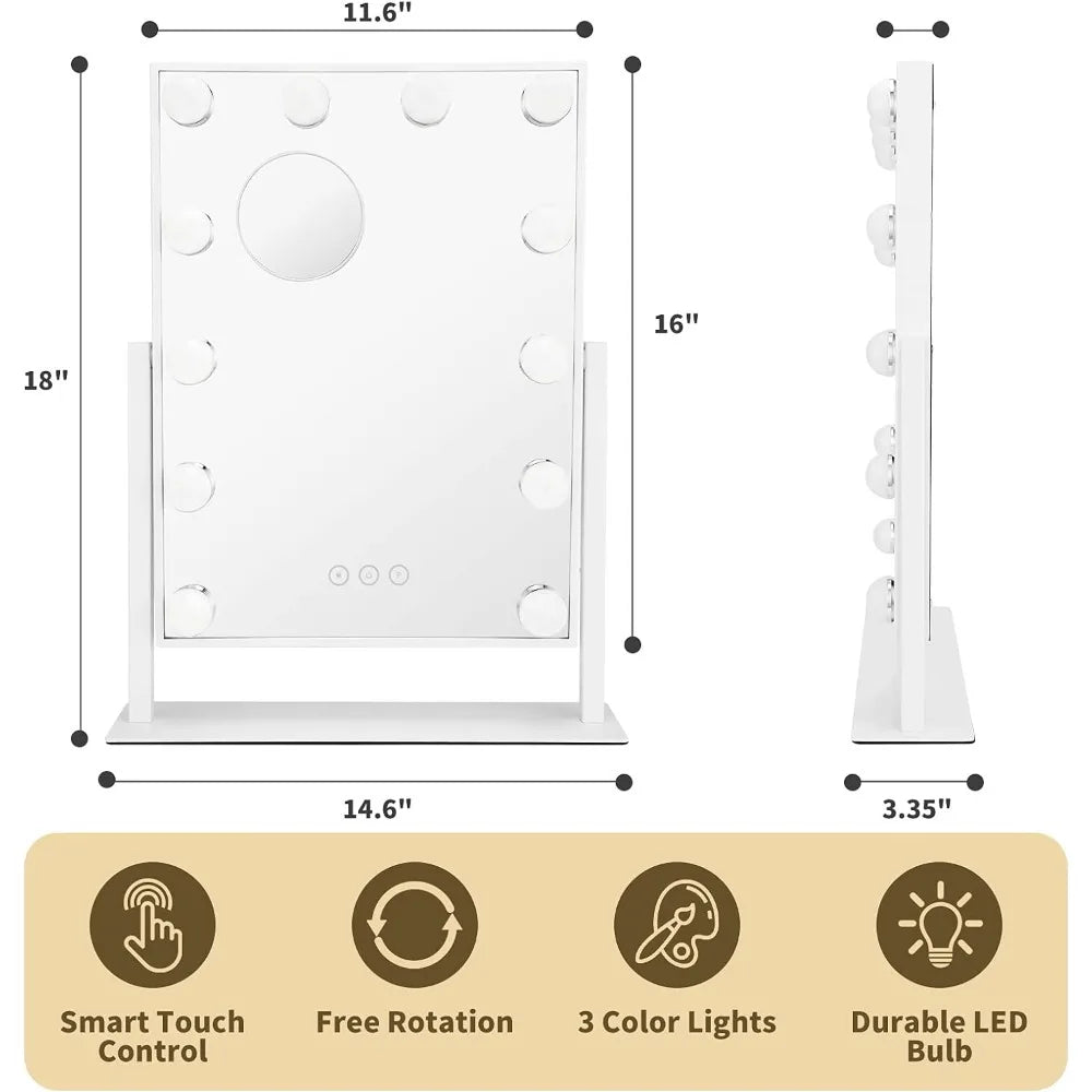 Vanity Makeup Mirror with 3 Color Lighting Modes Detachable 10X Magnification Touch Control, 360°Rotation